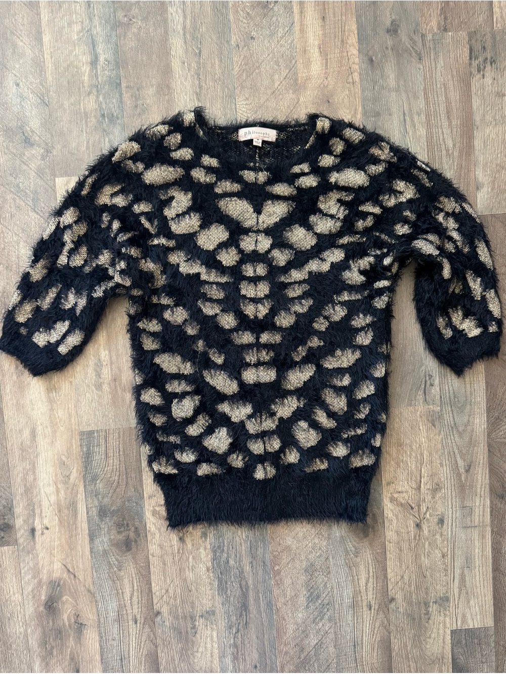 Philosophy Black and Beige Fuzzy Leopard-Print Pullover